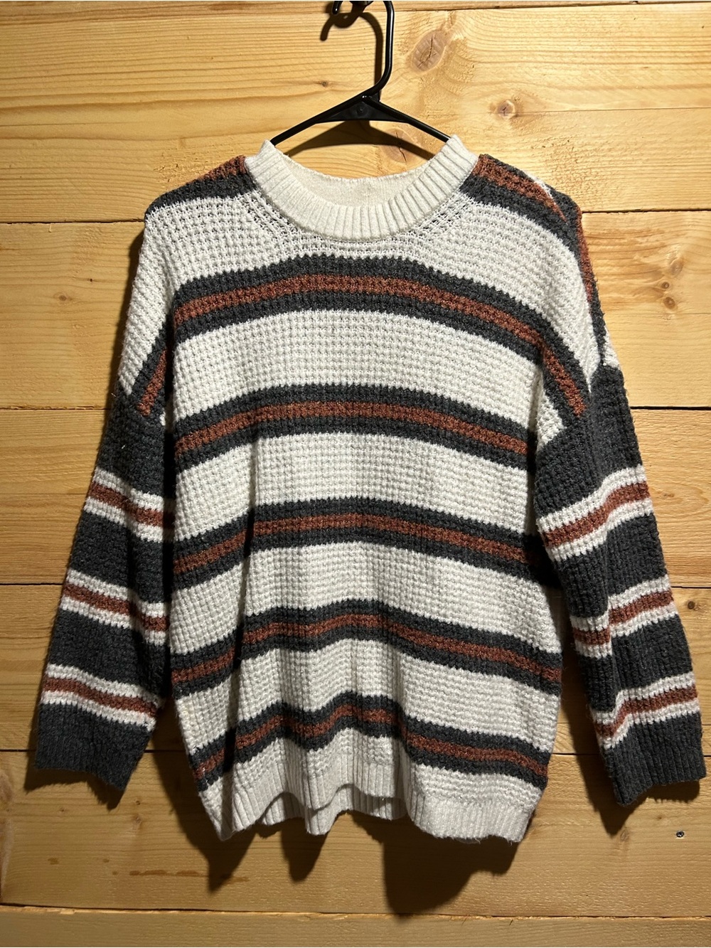 Women’s Striped Waffle Knit Sweater - White, Gray & Brown